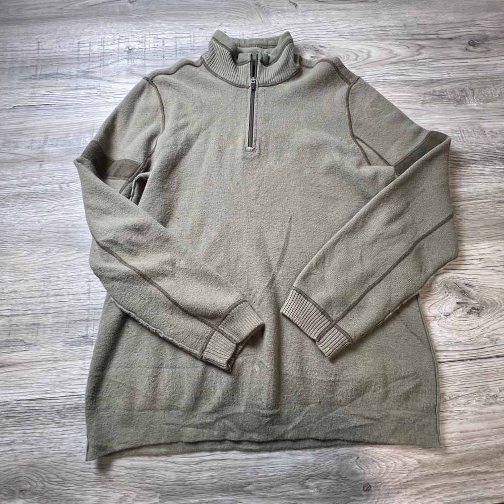 Eddie Bauer Quarter Zip Sweater Mens‎ L Green Cotton Wool Blend Pullover AE93